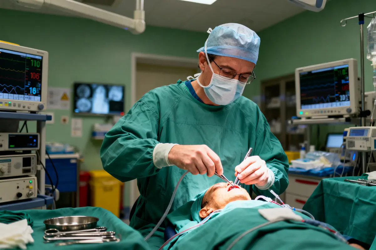Chirurgien opère un patient en salle d'opération, entouré d'équipements médicaux. Scène d'hôpital stérile et concentrée.