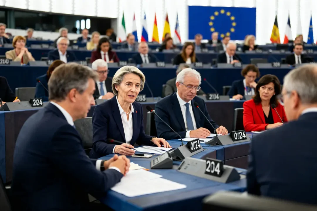 Politiciens discutant dans une salle avec des drapeaux européens en arrière-plan, hommes et femmes assis autour d'une table.