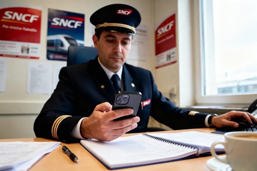 Homme en uniforme SNCF dans bureau, utilisant smartphone, carnet ouvert, café sur table. Affiches SNCF murales derrière.