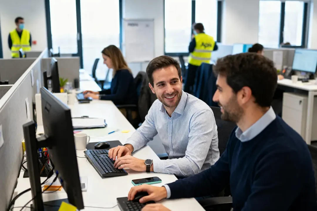 Collègues discutant dans un bureau moderne, travaillant sur des ordinateurs, ambiance professionnelle et conviviale.