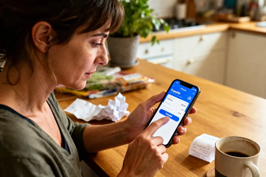 Personne utilisant une application de transfert d'argent sur smartphone, assise à une table avec café et reçus.