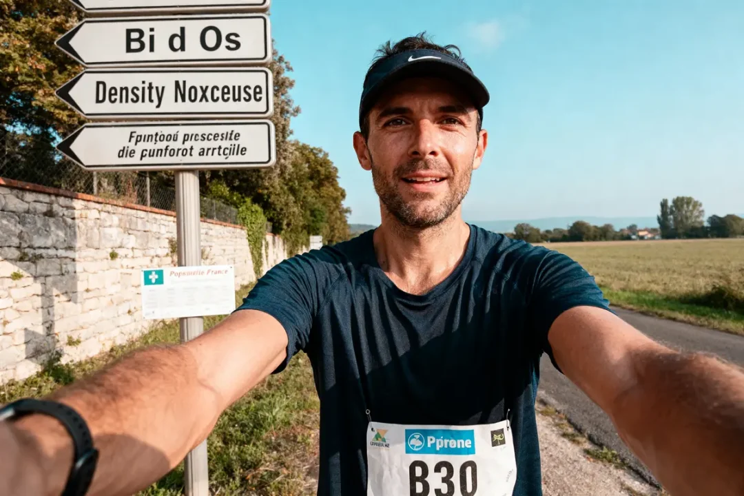 Homme en tenue de course prenant un selfie sur une route avec panneaux de signalisation, paysage rural en arrière-plan.