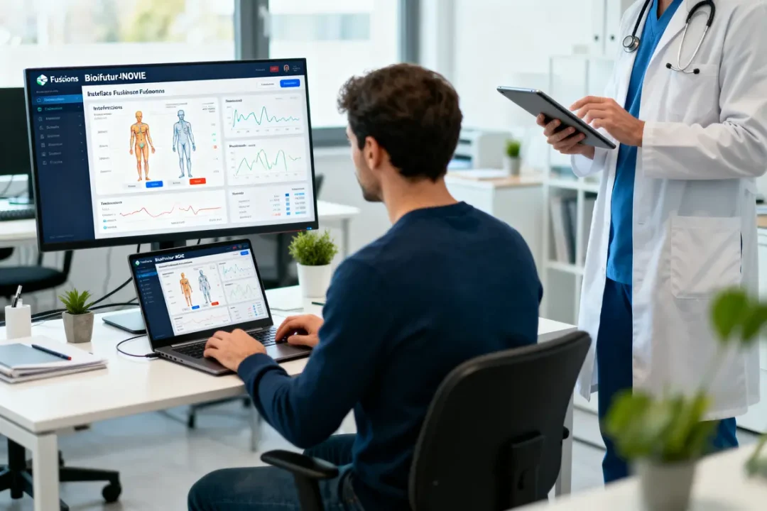 Homme travaillant sur ordinateur avec données médicales, médecin consultant tablette à côté, environnement de bureau moderne.