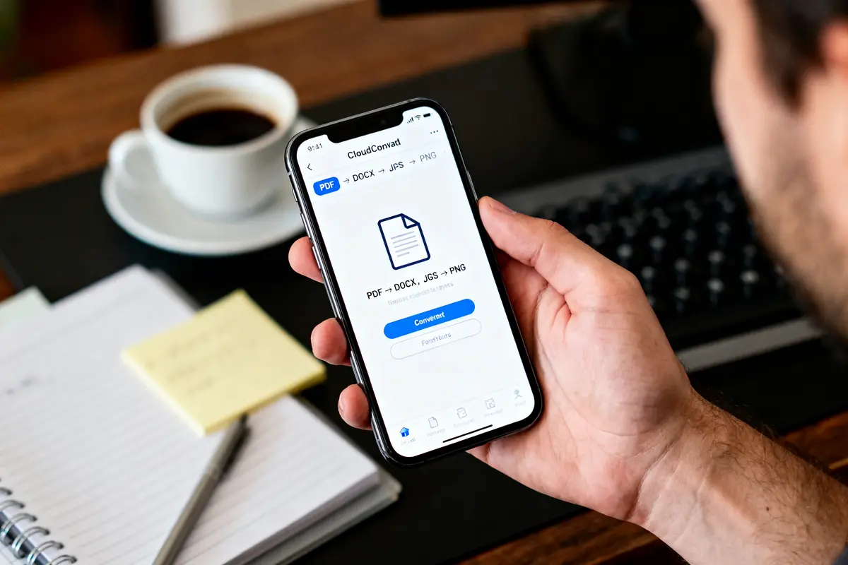 Personne tenant un smartphone affichant une application de conversion de fichiers, près d'un bureau avec café et carnet.
