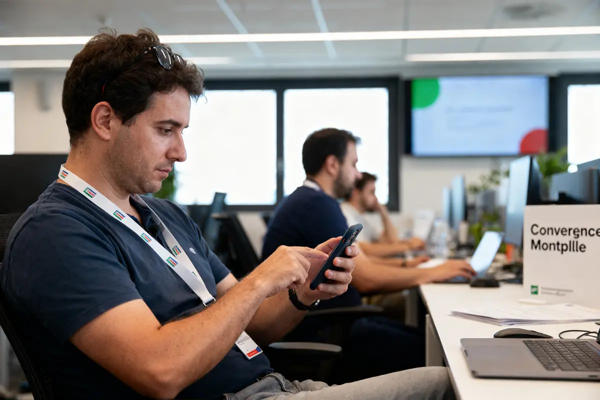Personne utilisant un smartphone dans un bureau moderne, avec autres collègues sur ordinateurs en arrière-plan.