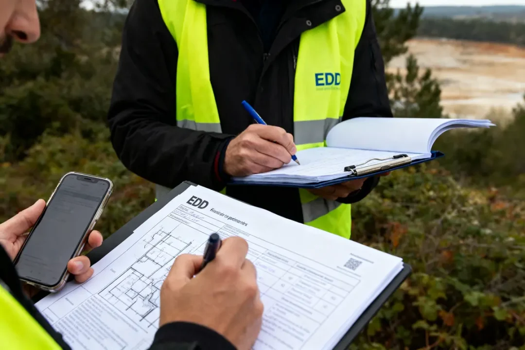 Deux personnes en gilets jaunes, prennent des notes sur des documents en plein air, avec smartphone.