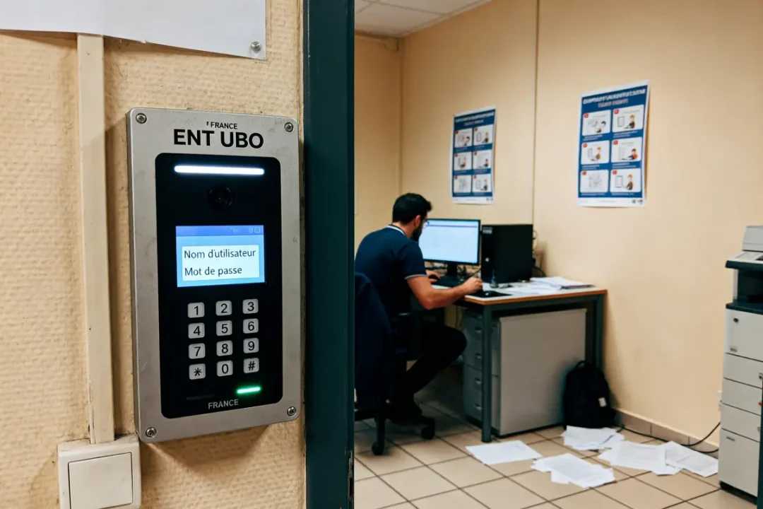 Bureau avec un homme travaillant sur un ordinateur, clavier sécurisé "ENT UBO" au mur. Documents au sol.