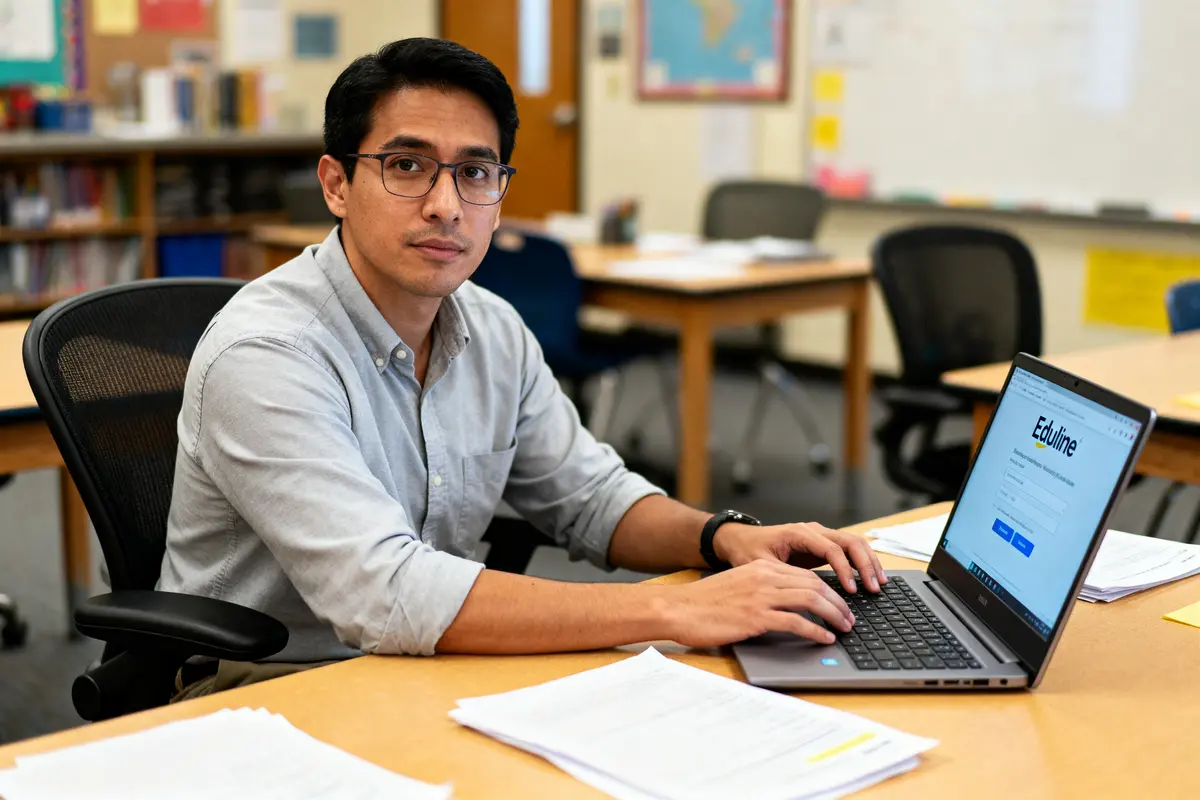 Homme avec lunettes utilisant un ordinateur portable dans une salle de classe, devant des piles de documents.