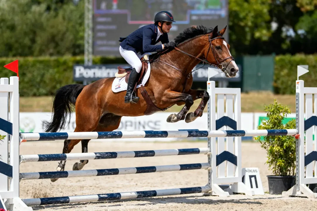 Cavalier sautant un obstacle avec son cheval en compétition équestre, fond flou, piste de sable en extérieur.
