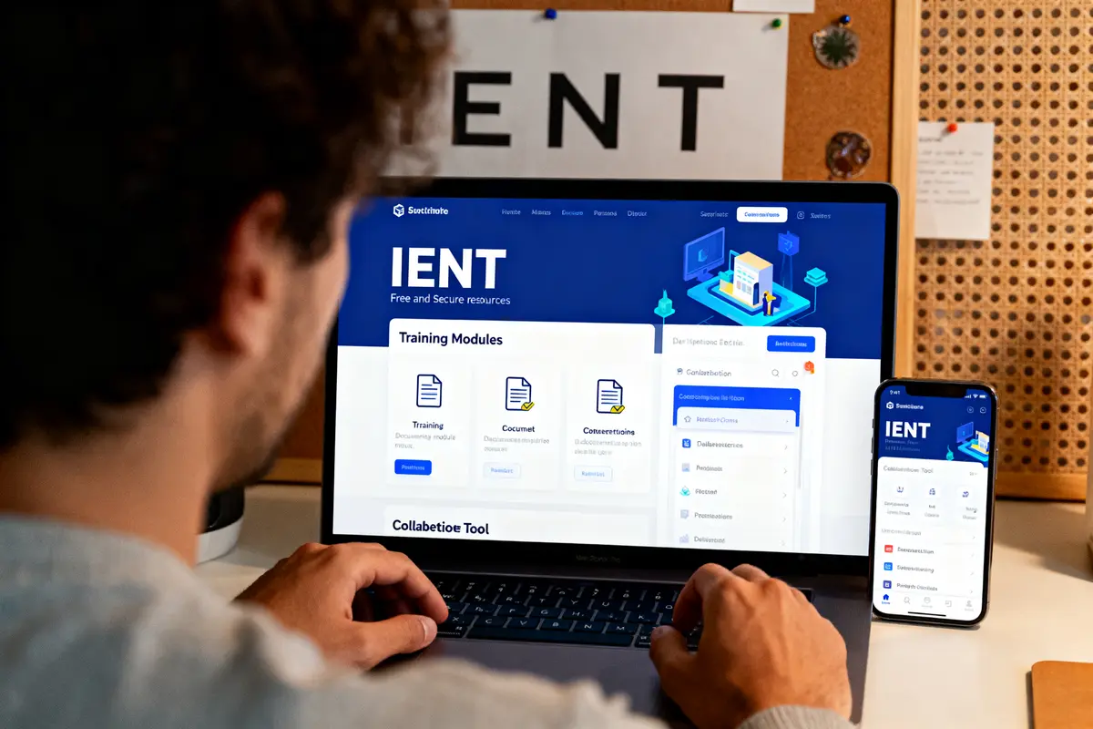 Homme utilisant ordinateur portable et smartphone, écran affichant un site web avec modules d'entraînement et collaboration.