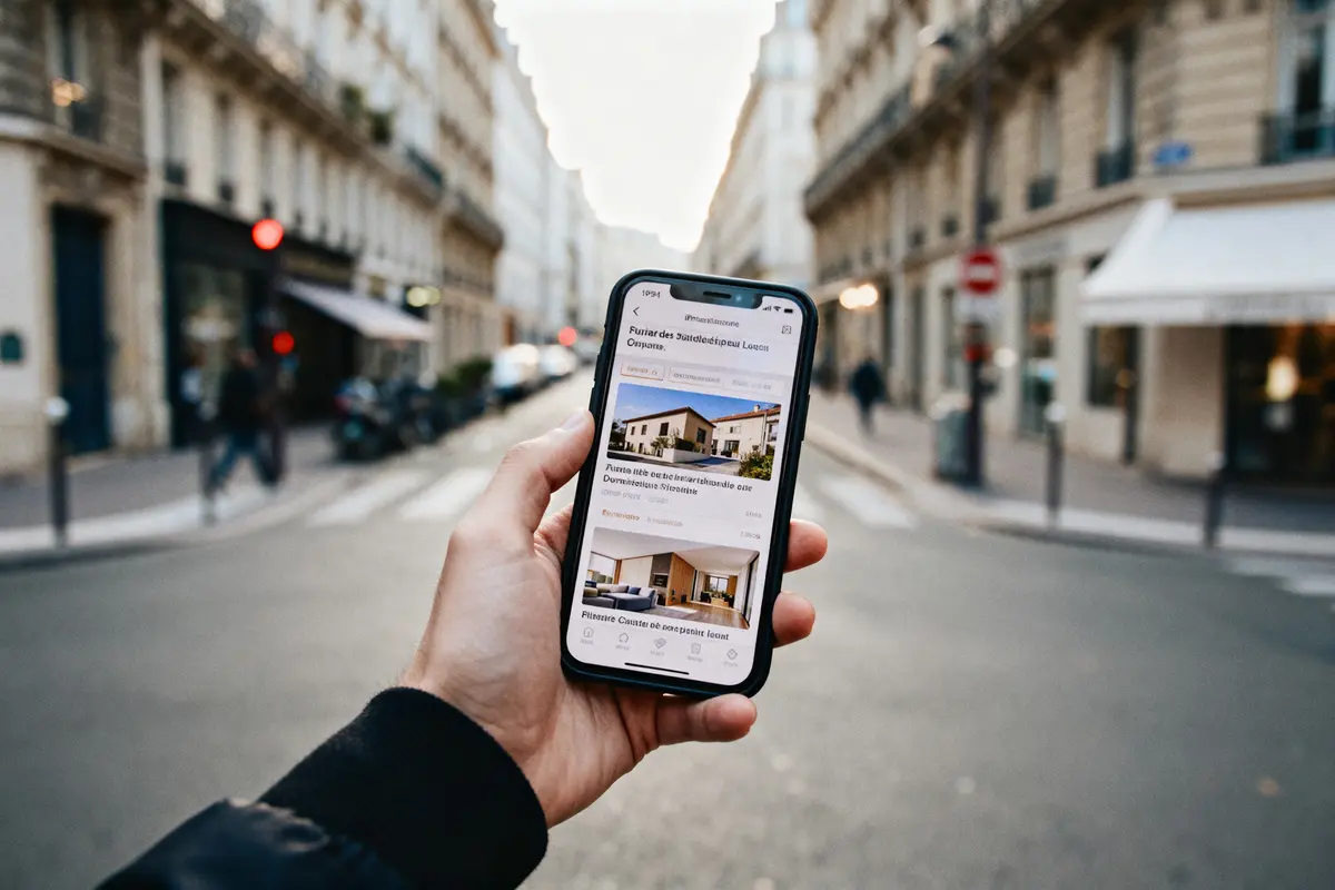 Une main tient un smartphone affichant une application immobilière dans une rue de ville européenne.