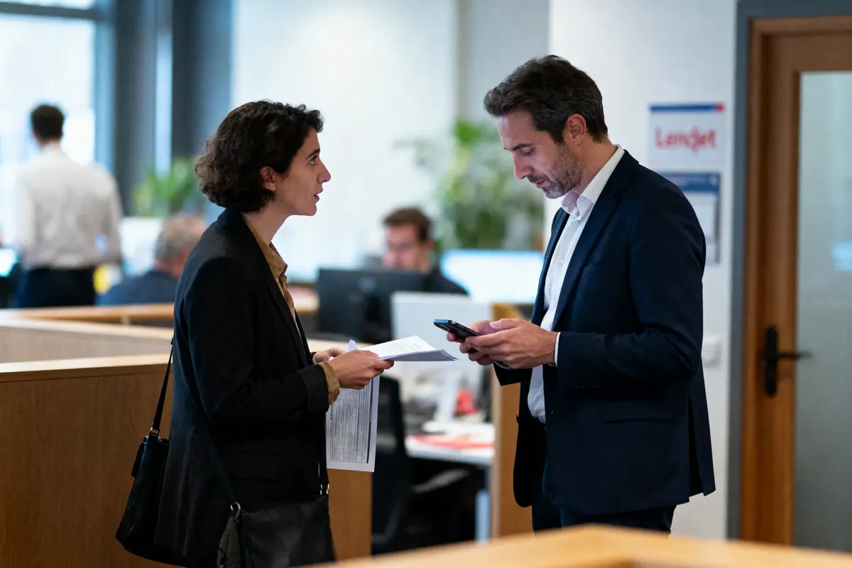 Deux personnes discutent dans un bureau moderne, tenant des documents et un téléphone portable.