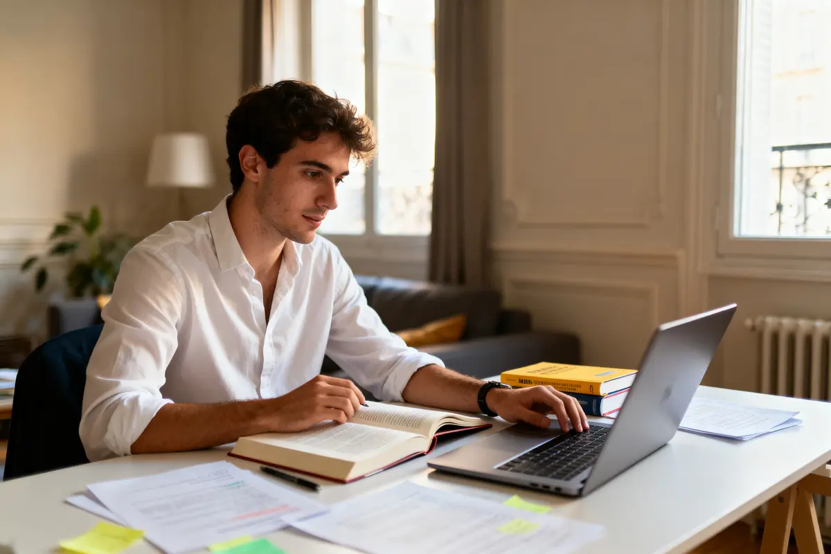 Jeune homme étudiant à domicile avec ordinateur portable et livres, entouré de documents sur une table.
