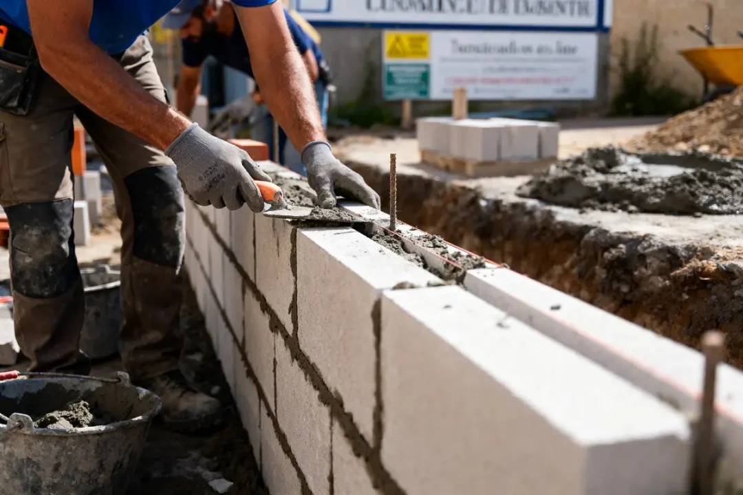 Ouvrier maçon en train de construire un mur en parpaings avec du mortier sur un chantier.