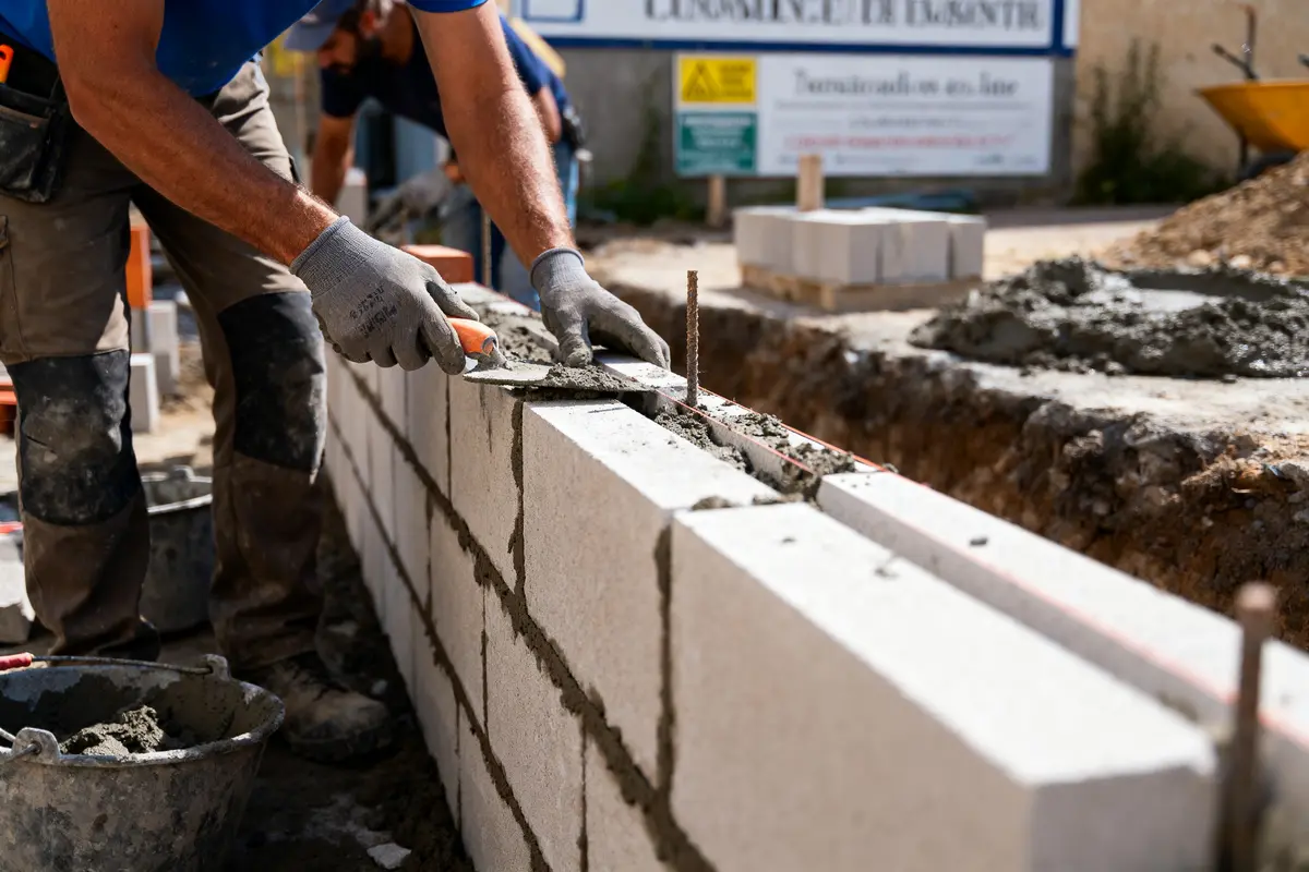 Ouvrier maçon en train de construire un mur en parpaings avec du mortier sur un chantier.