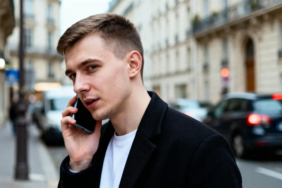 Jeune homme au téléphone dans une rue urbaine, portant un manteau noir. Voitures floues en arrière-plan.