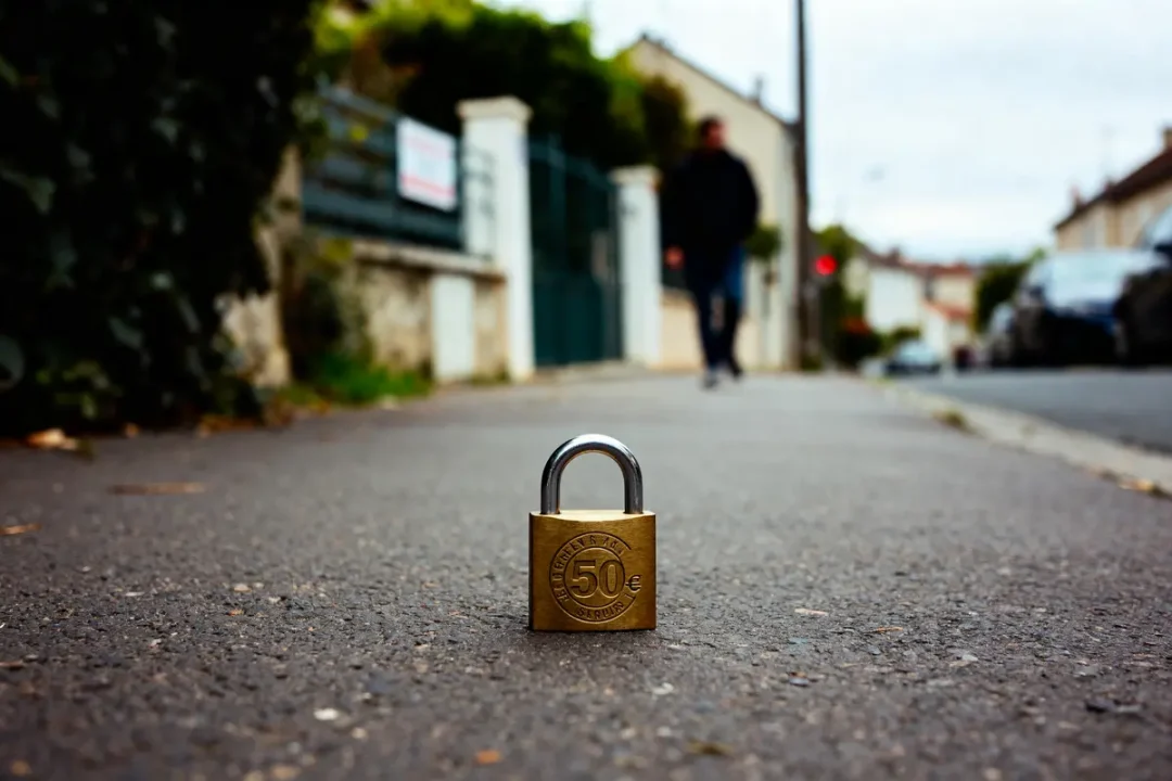 Cadenas en gros plan sur trottoir, personne floue en arrière-plan, rue résidentielle.
