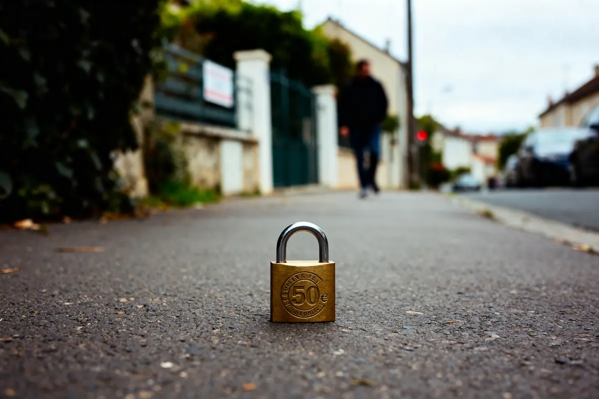 Cadenas en gros plan sur trottoir, personne floue en arrière-plan, rue résidentielle.