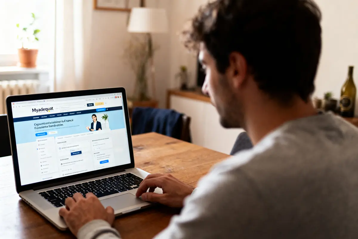 Homme utilisant un ordinateur portable, surfant sur un site web professionnel dans une pièce lumineuse et bien décorée.