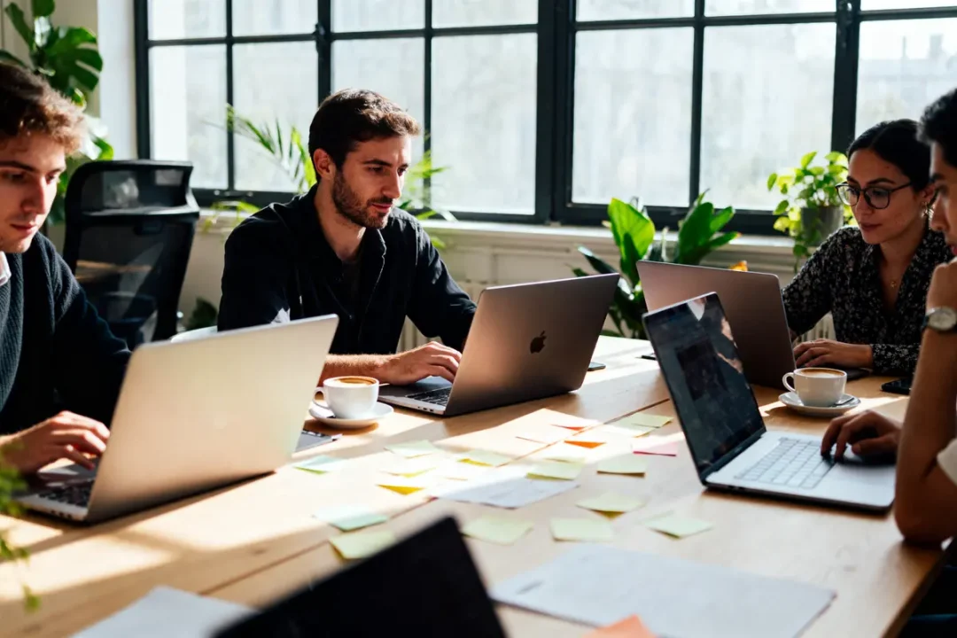 Quatre personnes travaillent sur des ordinateurs portables autour d'une table, avec des documents et des stickers.
