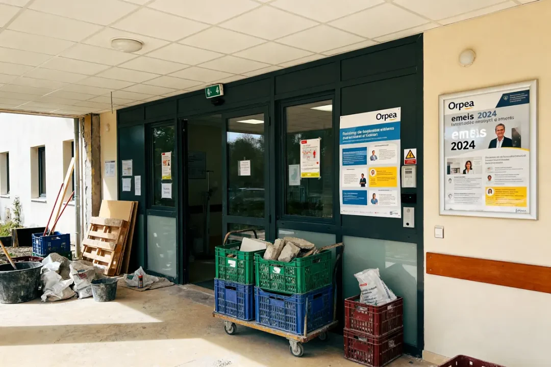 Entrée de bâtiment en rénovation, matériel de construction, affiches sur les portes vitrées, intérieur faiblement visible.