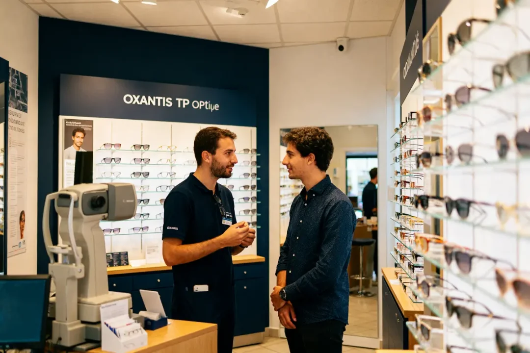 Deux hommes discutent dans un magasin d'optique, entourés de lunettes exposées sur les présentoirs.
