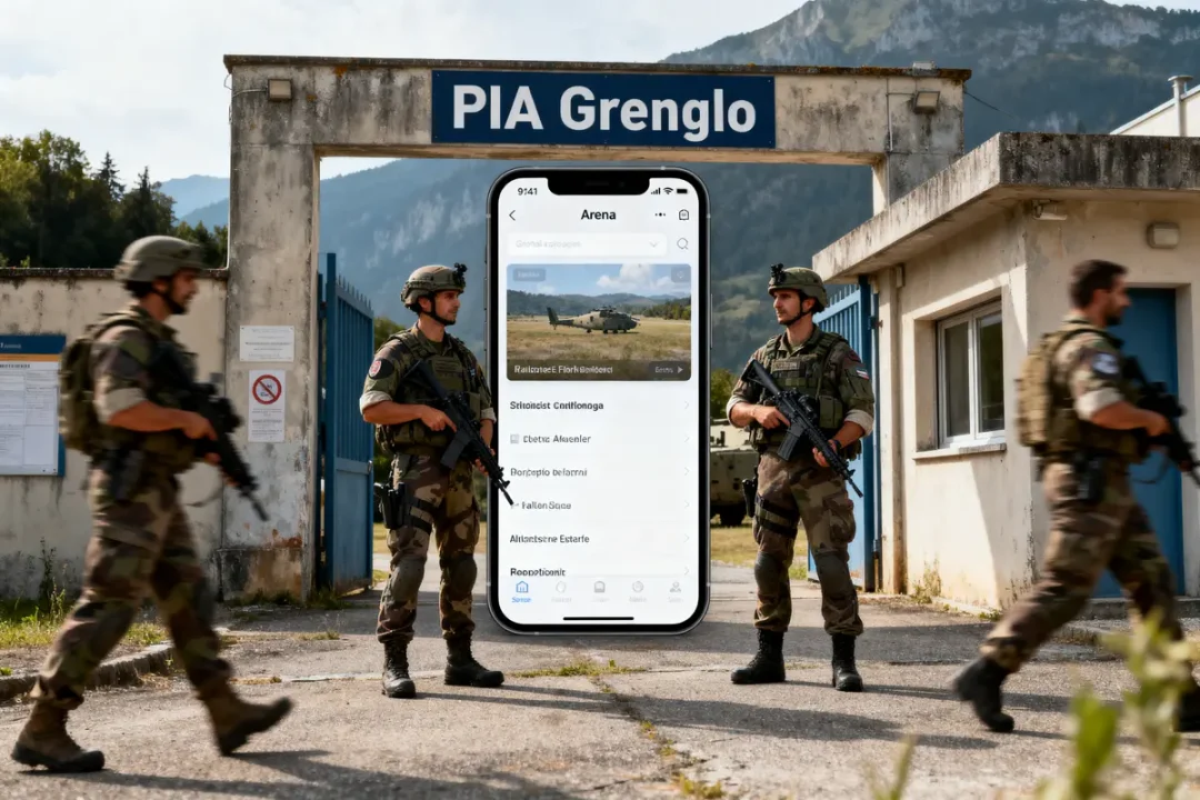 Des soldats armés devant PIA Grenglo, avec un téléphone affichant une application militaire. Montagnes en arrière-plan.