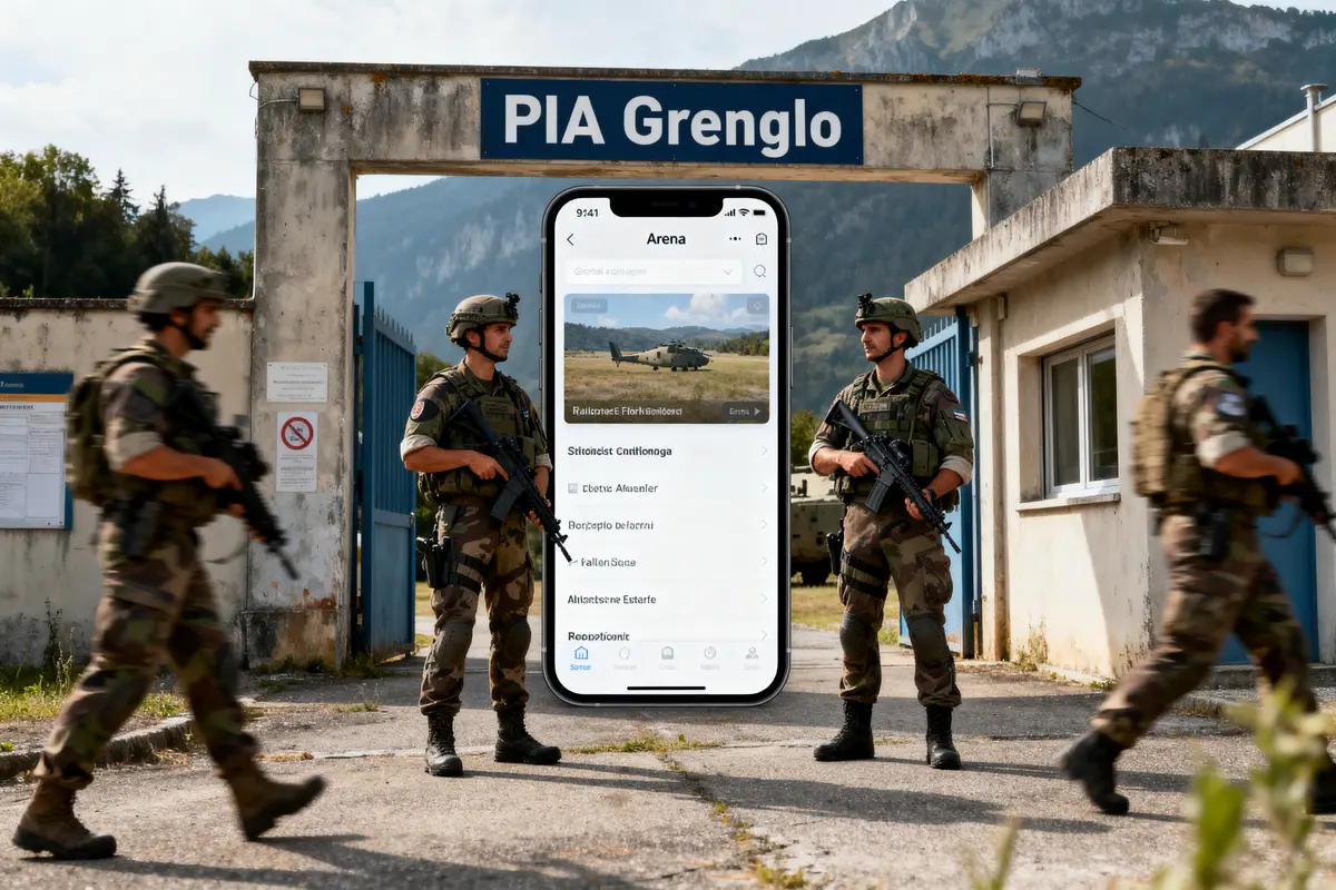 Des soldats armés devant PIA Grenglo, avec un téléphone affichant une application militaire. Montagnes en arrière-plan.