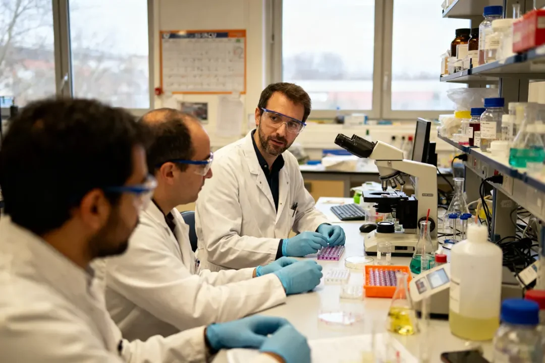 Trois scientifiques en laboratoire discutent devant un microscope, portant des blouses blanches et gants bleus.