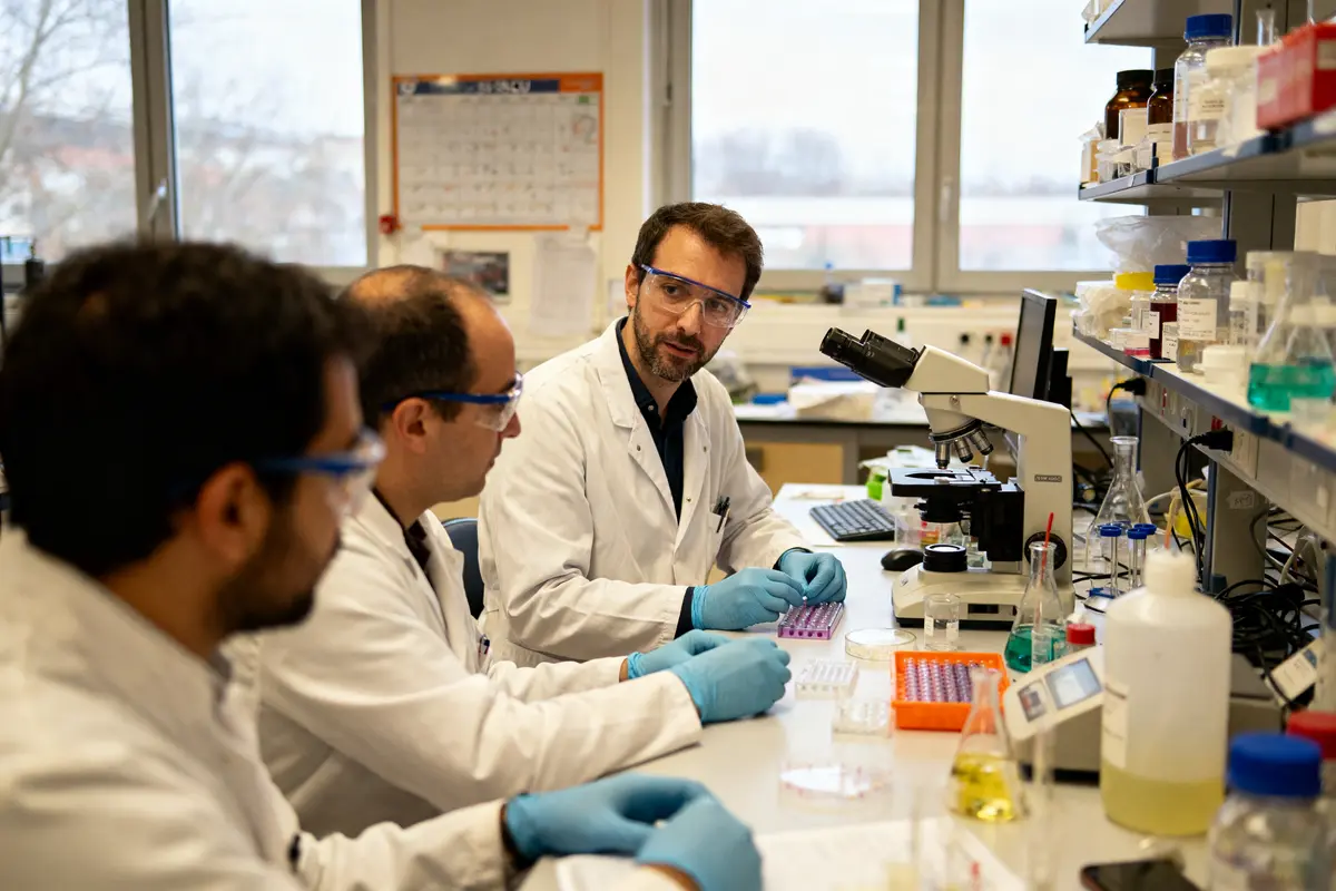 Trois scientifiques en laboratoire discutent devant un microscope, portant des blouses blanches et gants bleus.