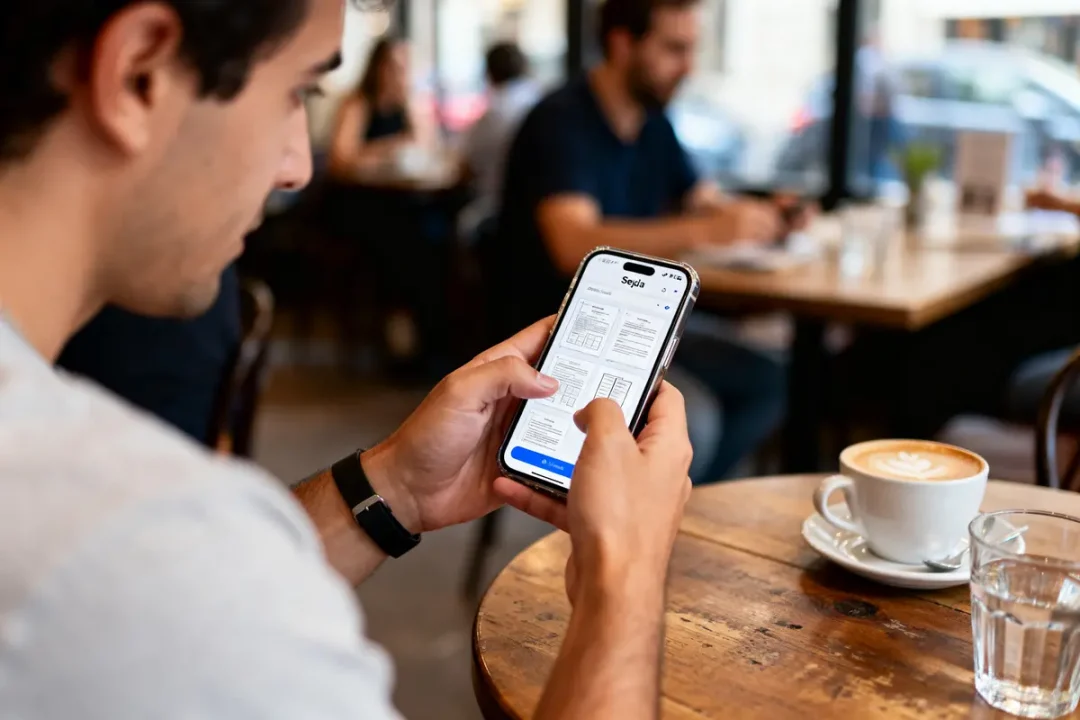 Personne utilisant un smartphone dans un café, avec cappuccino et verre d'eau sur la table en bois.