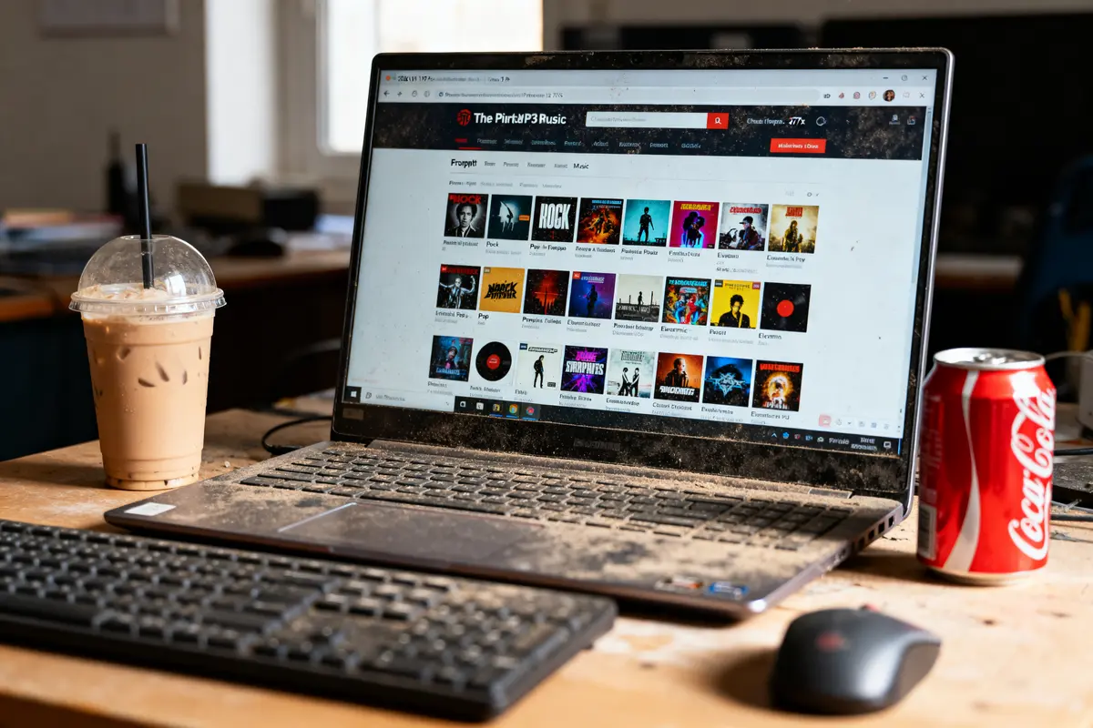Ordinateur portable poussiéreux affichant un site de téléchargement de musique, avec café glacé et canette de Coca-Cola.