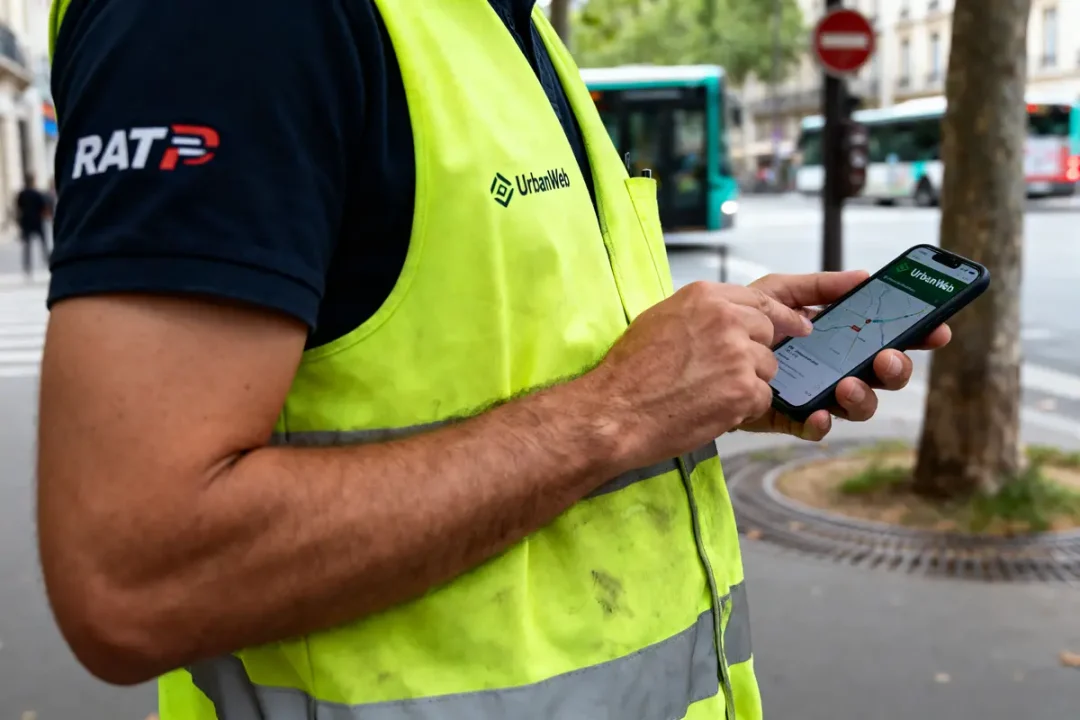 Homme en gilet jaune utilisant un smartphone avec application de navigation, rue avec bus en arrière-plan.