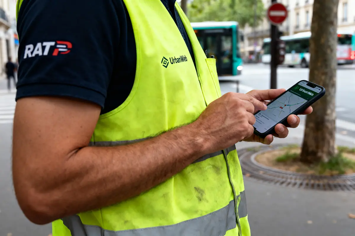 Homme en gilet jaune utilisant un smartphone avec application de navigation, rue avec bus en arrière-plan.
