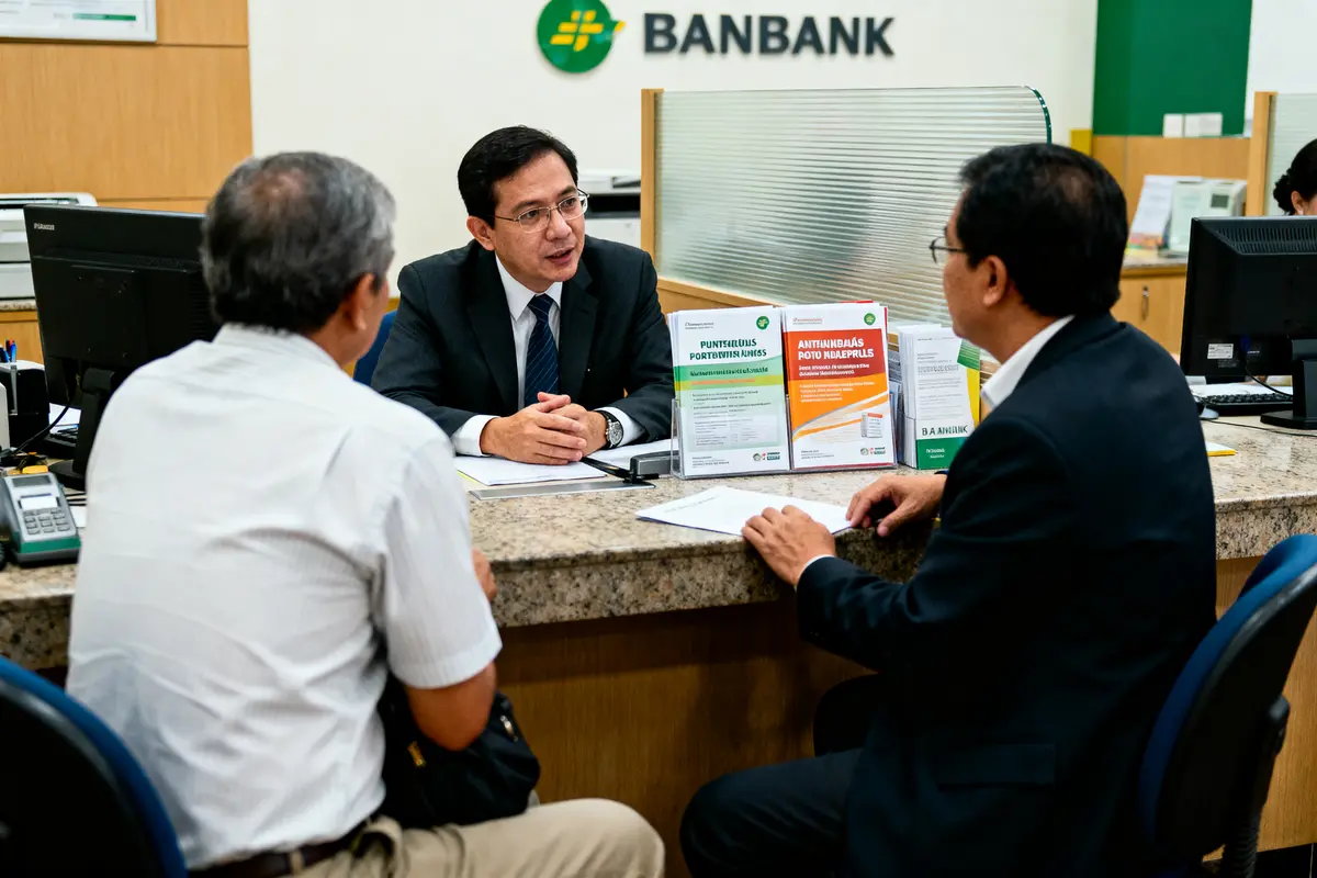 Trois hommes discutant à un bureau dans une banque, documentation sur le comptoir, logo "Banbank" derrière.