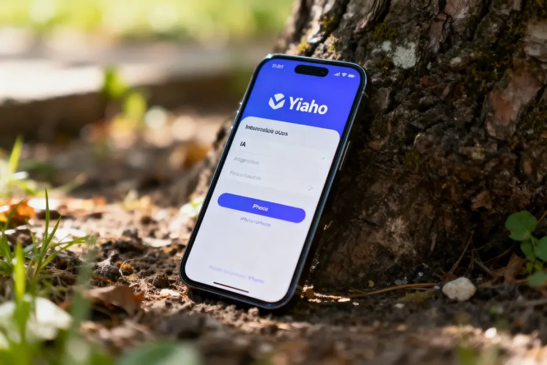 Smartphone avec application "Yiaho" affichée, appuyé contre un arbre, sur un sol extérieur avec quelques feuilles.