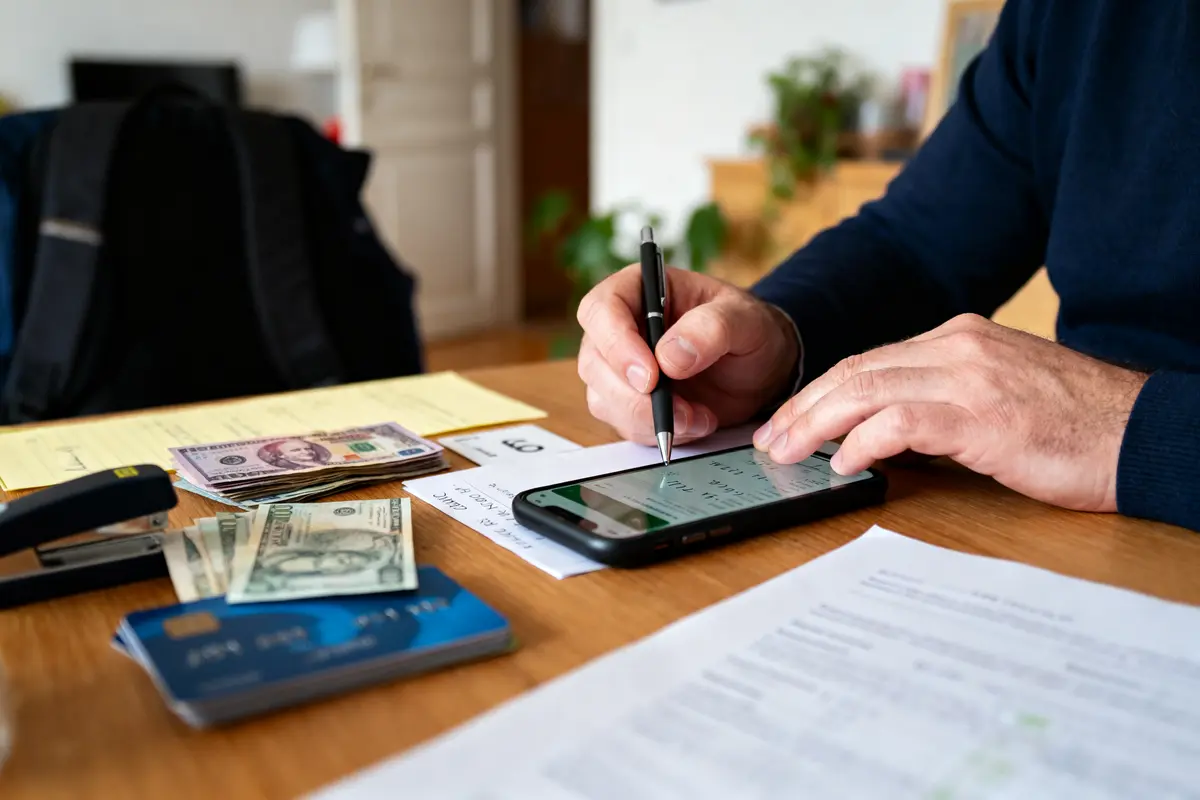 Homme calculant finances sur smartphone, avec billets de banque et carte de crédit sur table en bois.