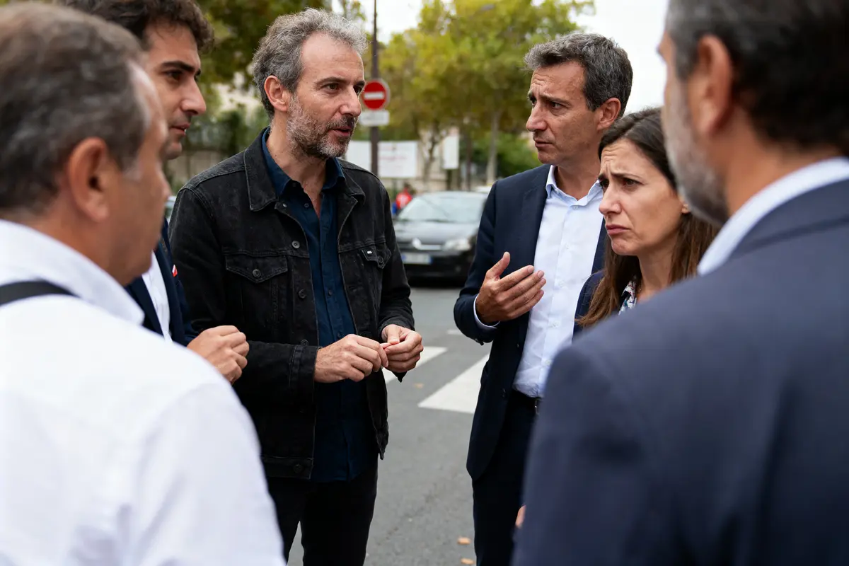Groupe de personnes discutant sérieusement en extérieur, portant des vêtements professionnels, voitures en arrière-plan.