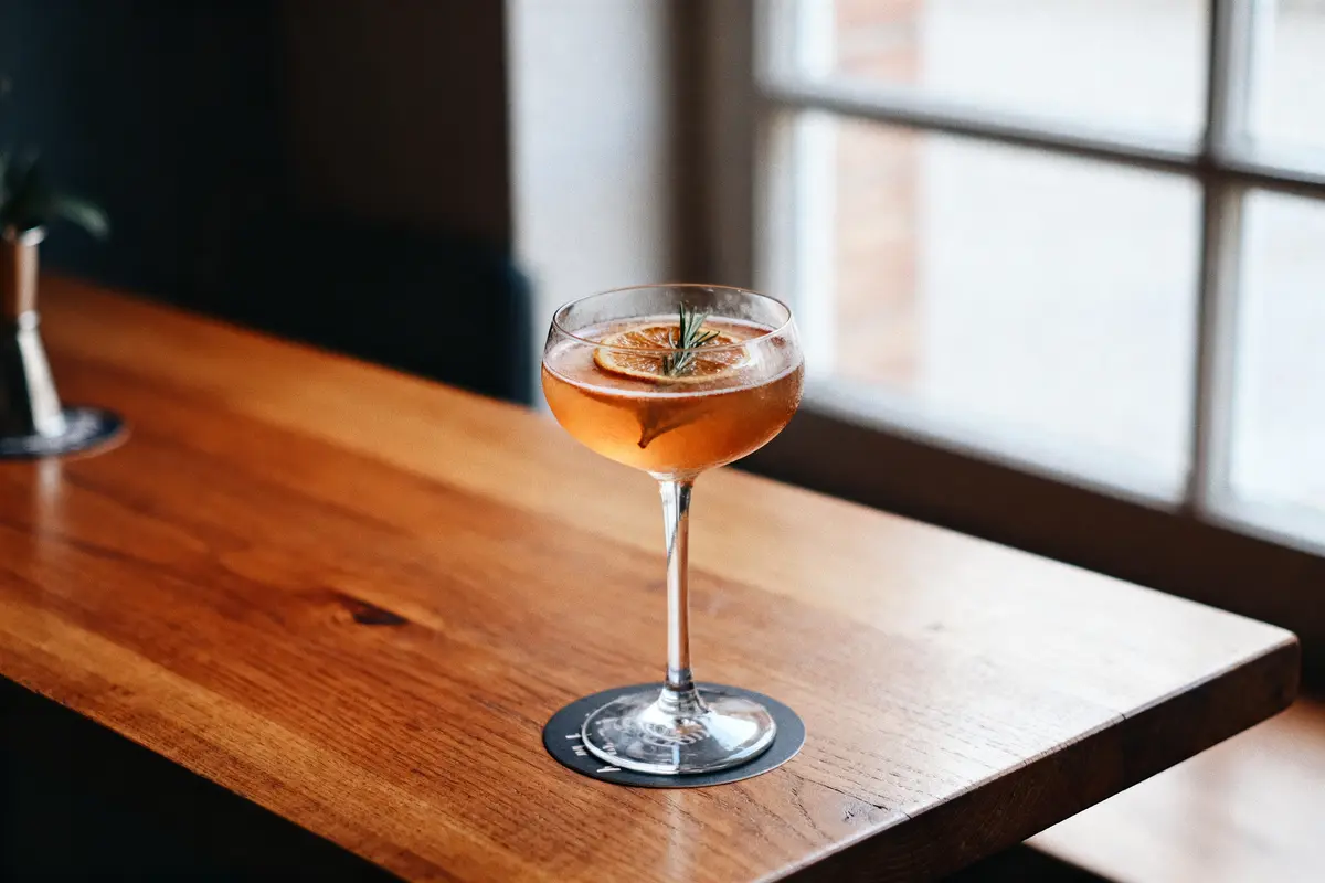 Verre à cocktail élégant avec tranche d'orange et romarin sur table en bois, lumière naturelle.
