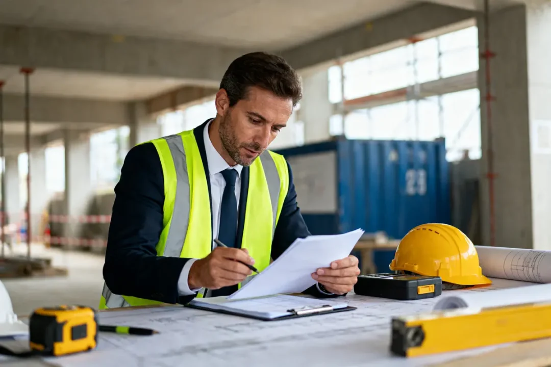 Homme portant un gilet de sécurité examine des documents sur un chantier de construction, casque jaune sur la table.