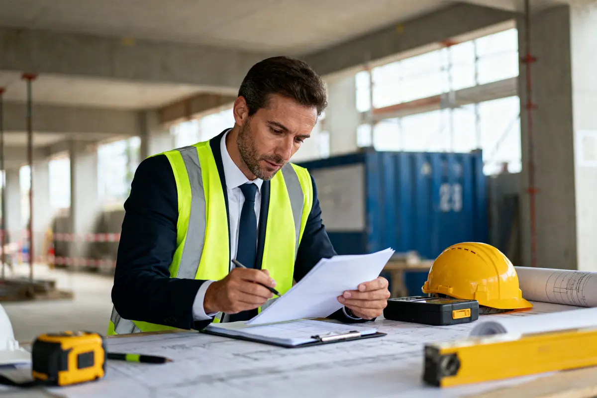 Homme portant un gilet de sécurité examine des documents sur un chantier de construction, casque jaune sur la table.