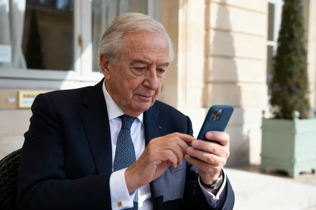 Homme âgé en costume utilisant un smartphone à l'extérieur, devant un bâtiment.