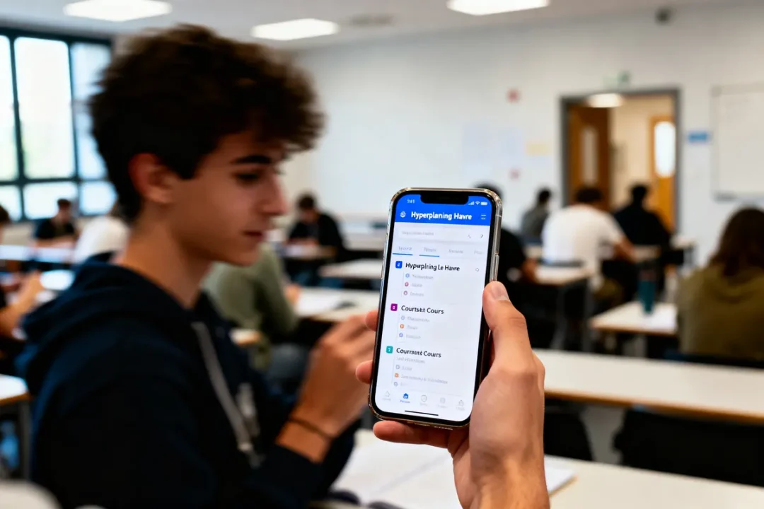 Un étudiant vérifie un emploi du temps sur un smartphone en classe, d'autres étudiants travaillent en arrière-plan.