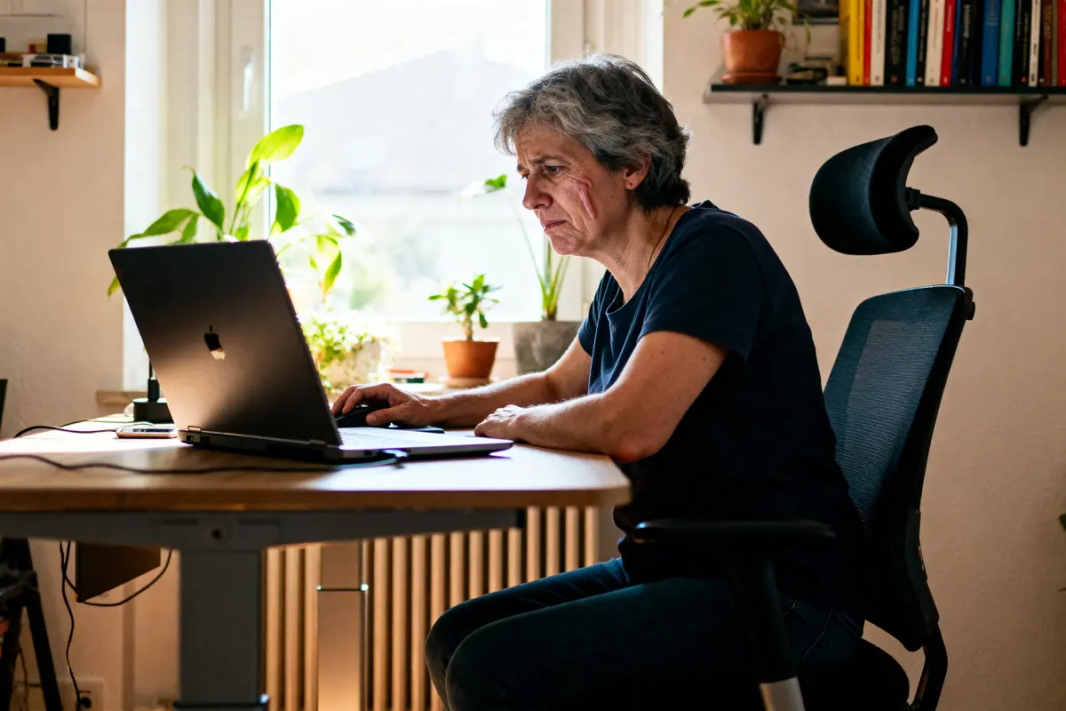 Personne âgée travaillant sur un ordinateur portable près de plantes dans un bureau lumineux.