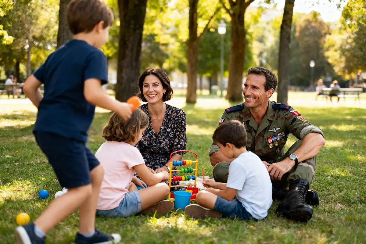 Dix personnes jouent ensemble sur l'herbe d'un parc, souriant et utilisant des jouets colorés sous les arbres.