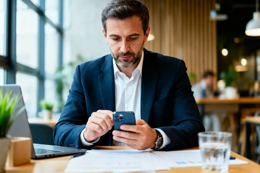 Homme en costume consultant smartphone, assis à un bureau avec ordinateur portable et documents, café moderne.