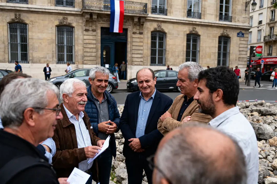 Groupe d'hommes discutant devant un bâtiment avec drapeau français, rue animée en arrière-plan.