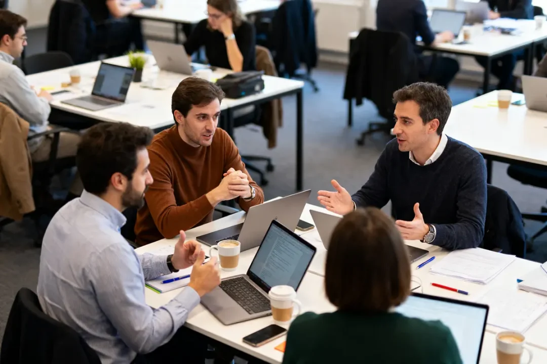 Groupe de personnes collaborant autour d'une table avec ordinateurs et cafés dans un bureau.