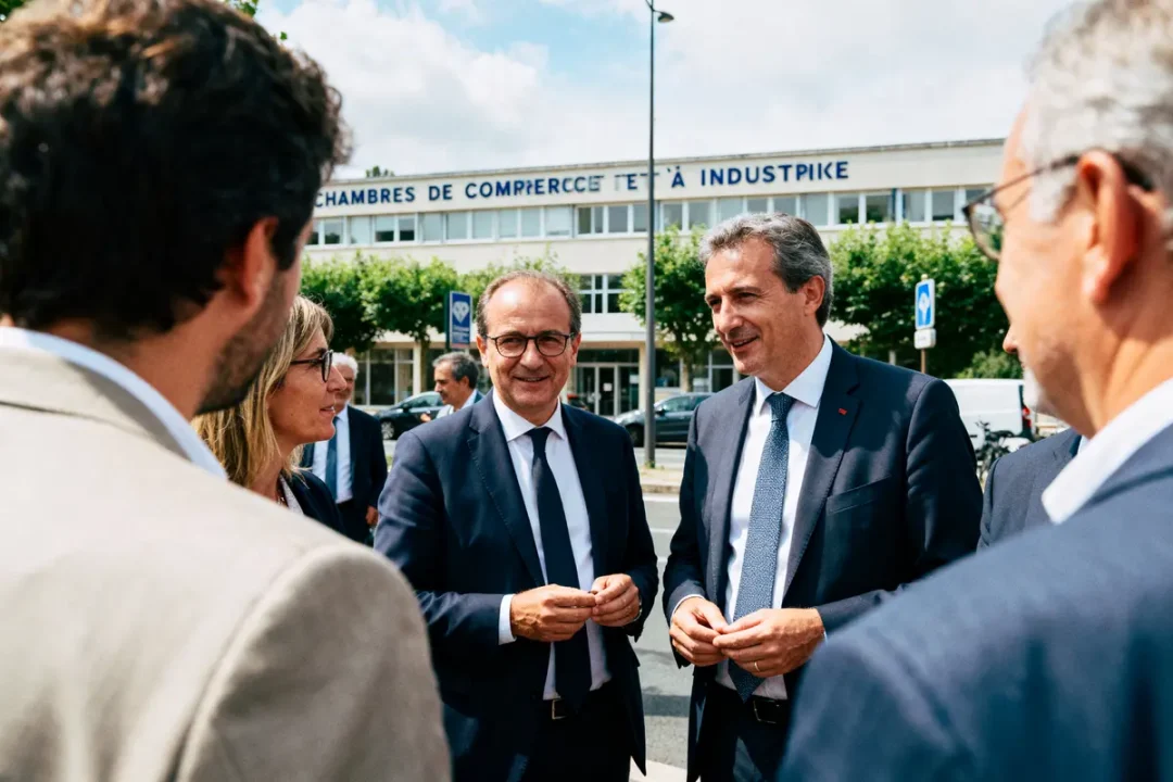 Des personnes en costume discutent devant un bâtiment de chambre de commerce et d'industrie.