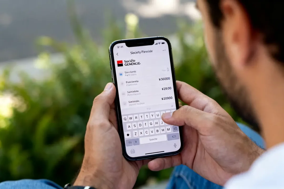 Personne utilisant un smartphone avec l'application bancaire Société Générale affichée sur l'écran.